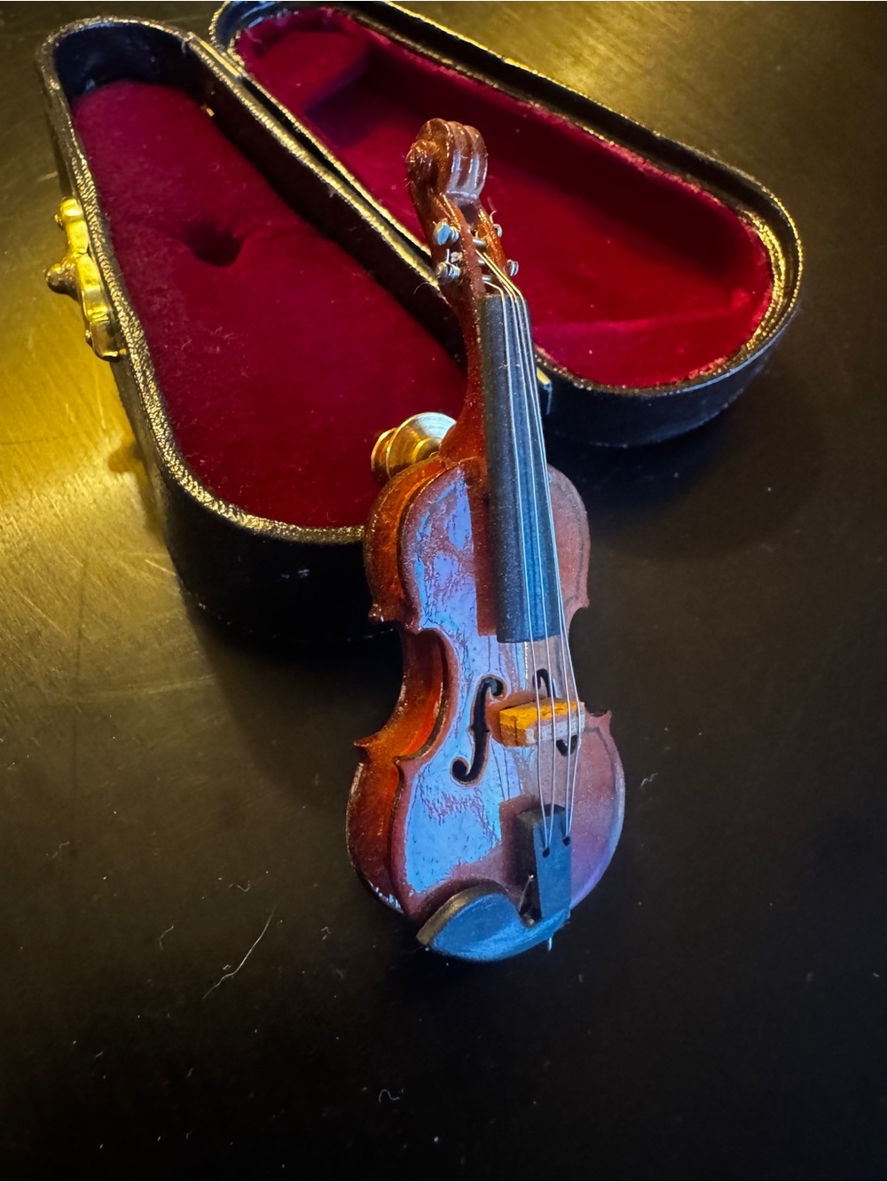 Vintage Miniature Wooden Violin Brooch Pin with Case